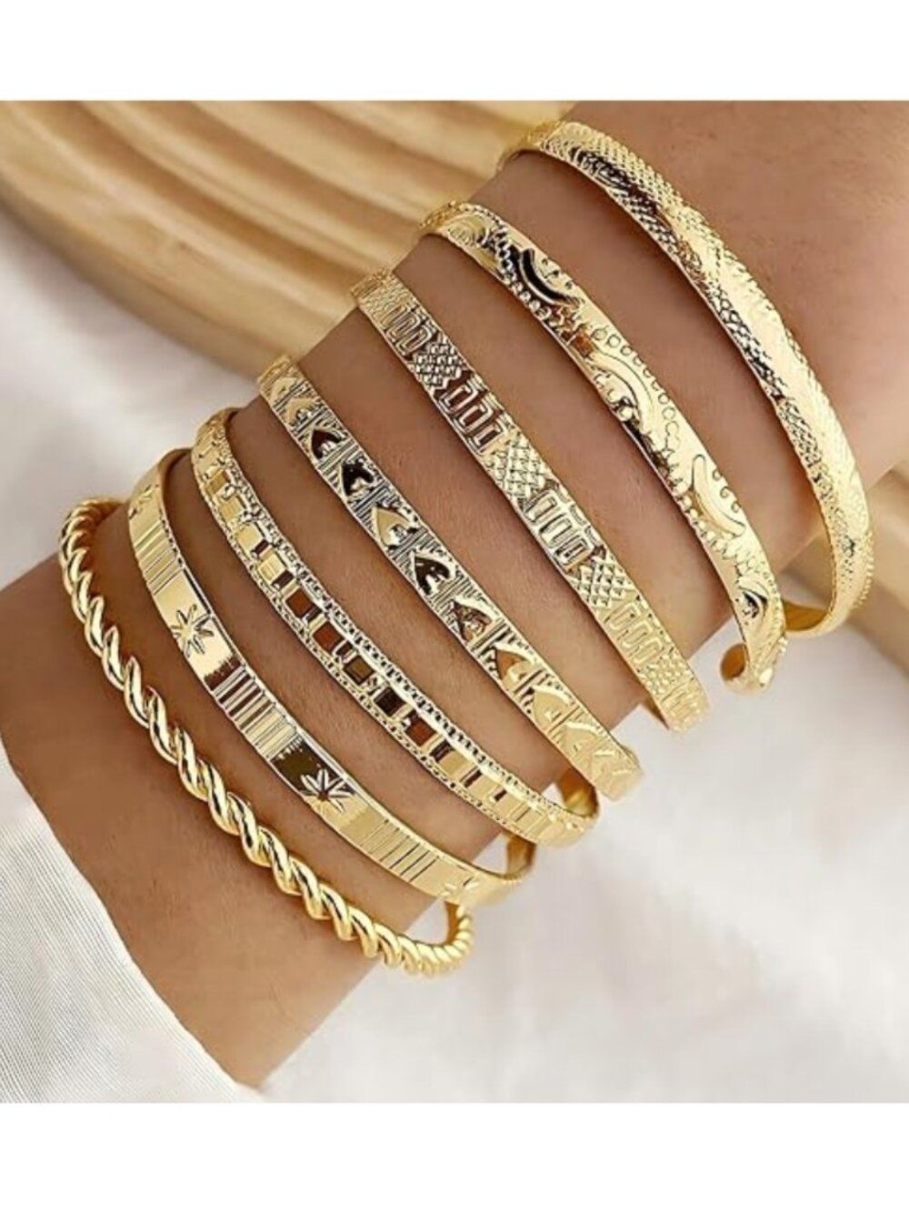 NWT 7-Piece Minimalist 14K Gold Plate Layered Bangle Bracelet Set-Stacking Cuffs